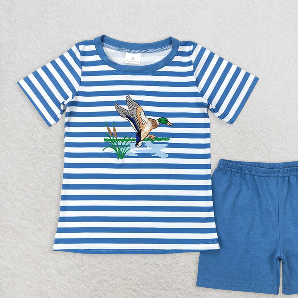 BSSO0308 RTS NO MOQBaby Boys Summer Boys Outfits Baby Boys Blue Stripes Duck Tee Shirts Tops Shorts Clothing Sets