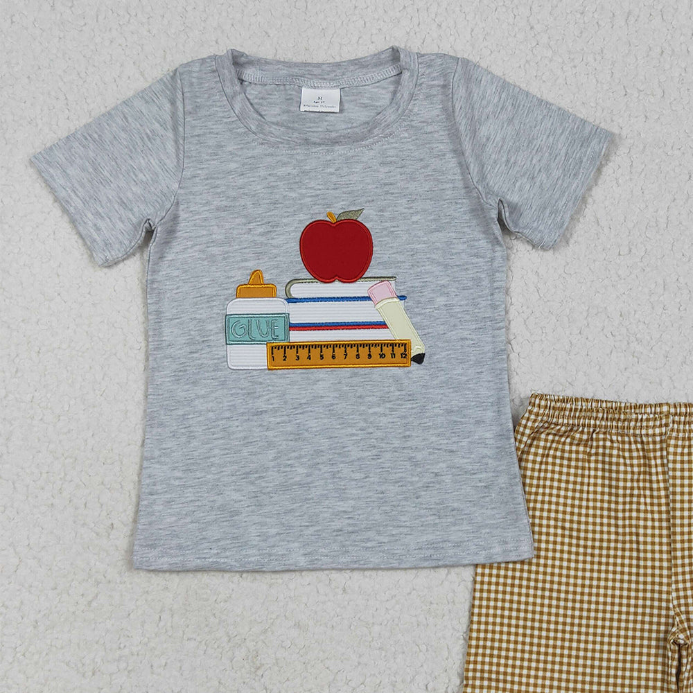 8.13 BSSO1281 RTS NO MOQ Baby Boys Summer Boys Outfits Embroidery Baby Boys Apple Back To School Books Shirt Shorts Sets