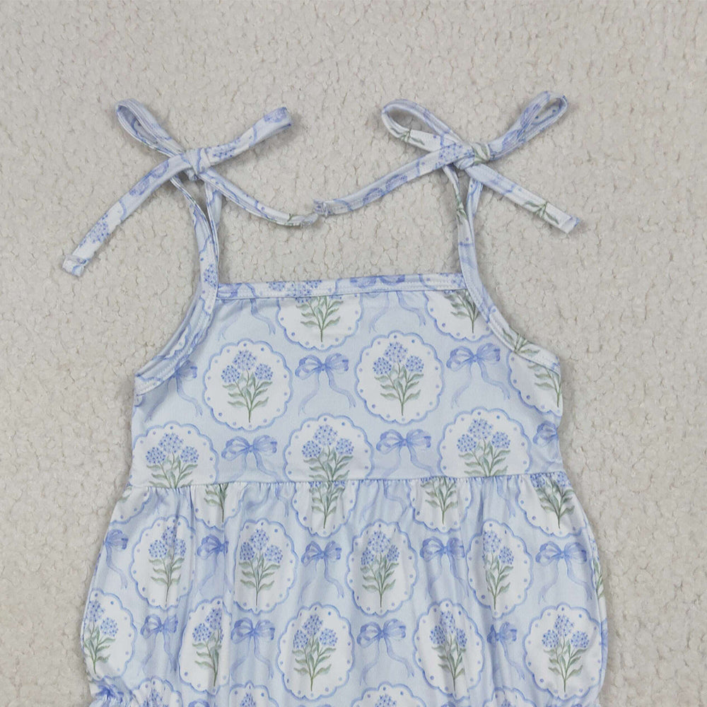 SR3117 RTS NO MOQ Baby Girls Summer Rompers Straps blue bow floral baby girls summer romper