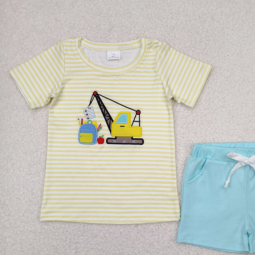 BSSO1417RTS NO MOQ Baby Boys Summer Boys Outfits Constructions apple book top shorts boys back to school clothes