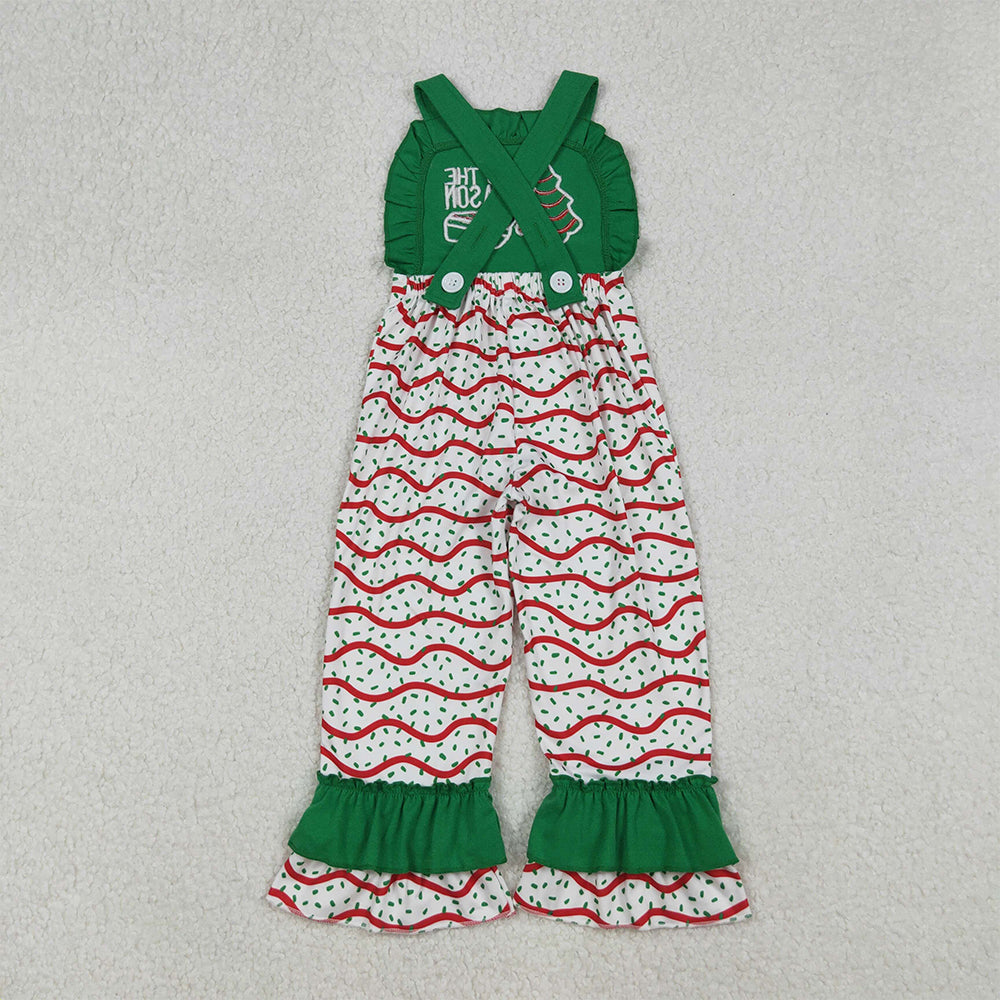 RTS NO MOQ (In stock)SR3178 Baby Girls Summer Jumpsuits Girls Green Ruffle Straps Christmas Tree Cake Jumpsuit