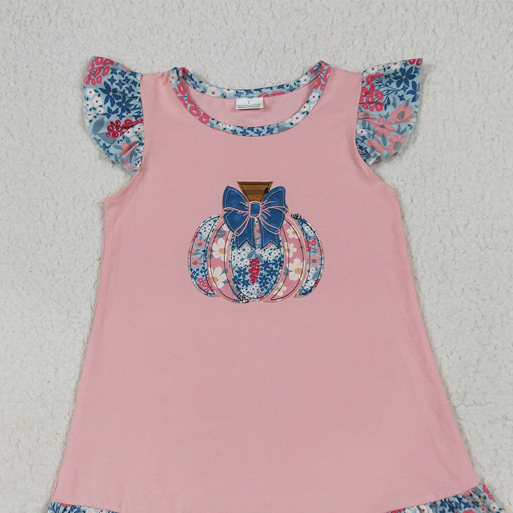 8.15 RTS NO MOQ (In stock) GSD2585 Baby Girls Summer Dress Baby Girls Pink Flutter Sleeves Floral Pumpkin Ruffle Knee Length Dresses