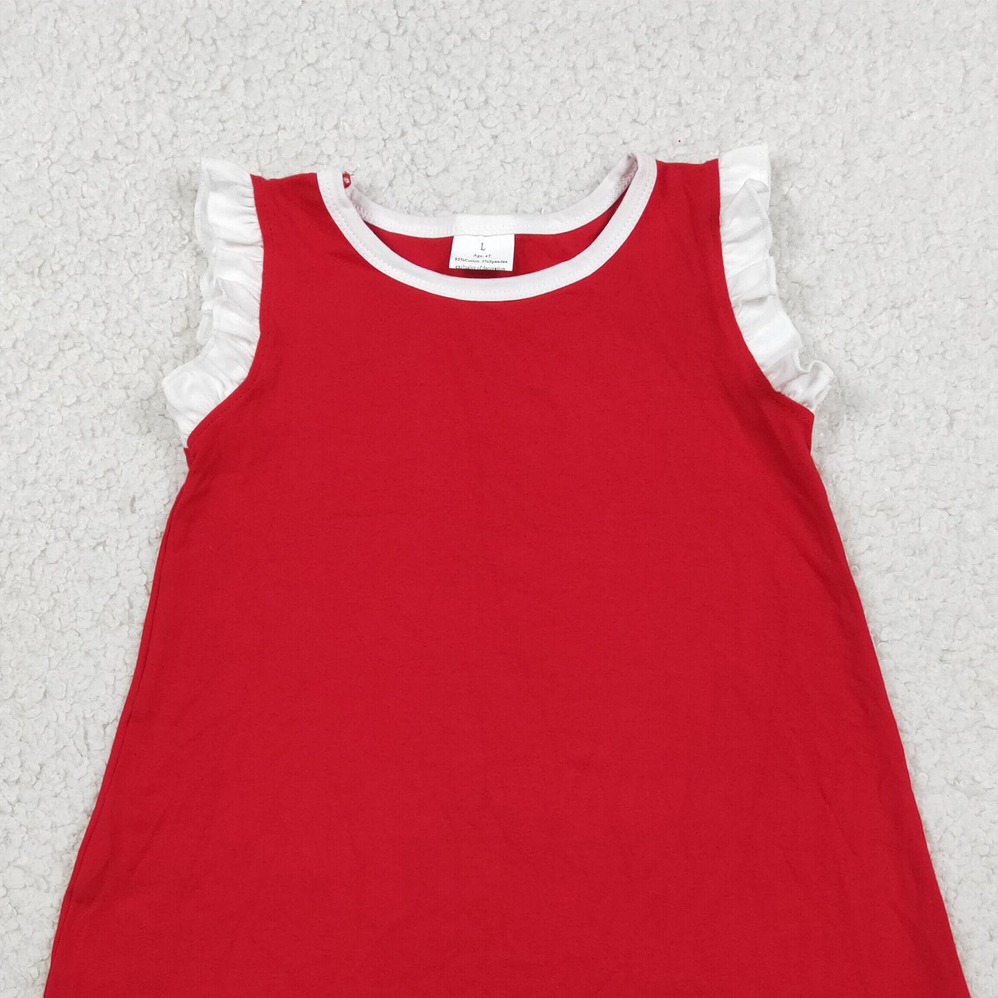 GSD4047 RTS NO MOQ (In stock)White scallop ruffle sleeveless red girls cotton team dress