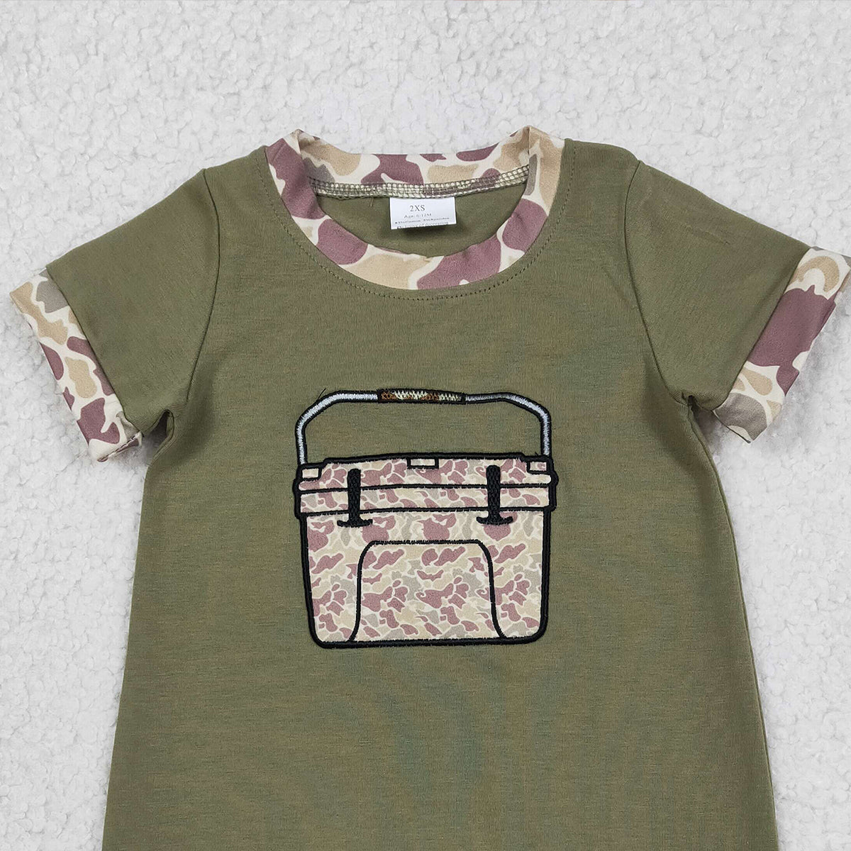 1.12 RTS NO MOQ (In stock)SR3761 Baby Boys Rompers Embroidery Camo Boxes Baby Boys Olive Short Sleeve Hunting Rompers