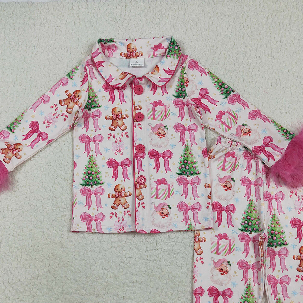 8.18 RTS NO MOQ (In stock)GLP2375 Baby Girls Winter Outfits Baby Girls Hot Pink Long Sleeves With Fur Bows Gingerbread Trees Button Top Pants Pajamas Set