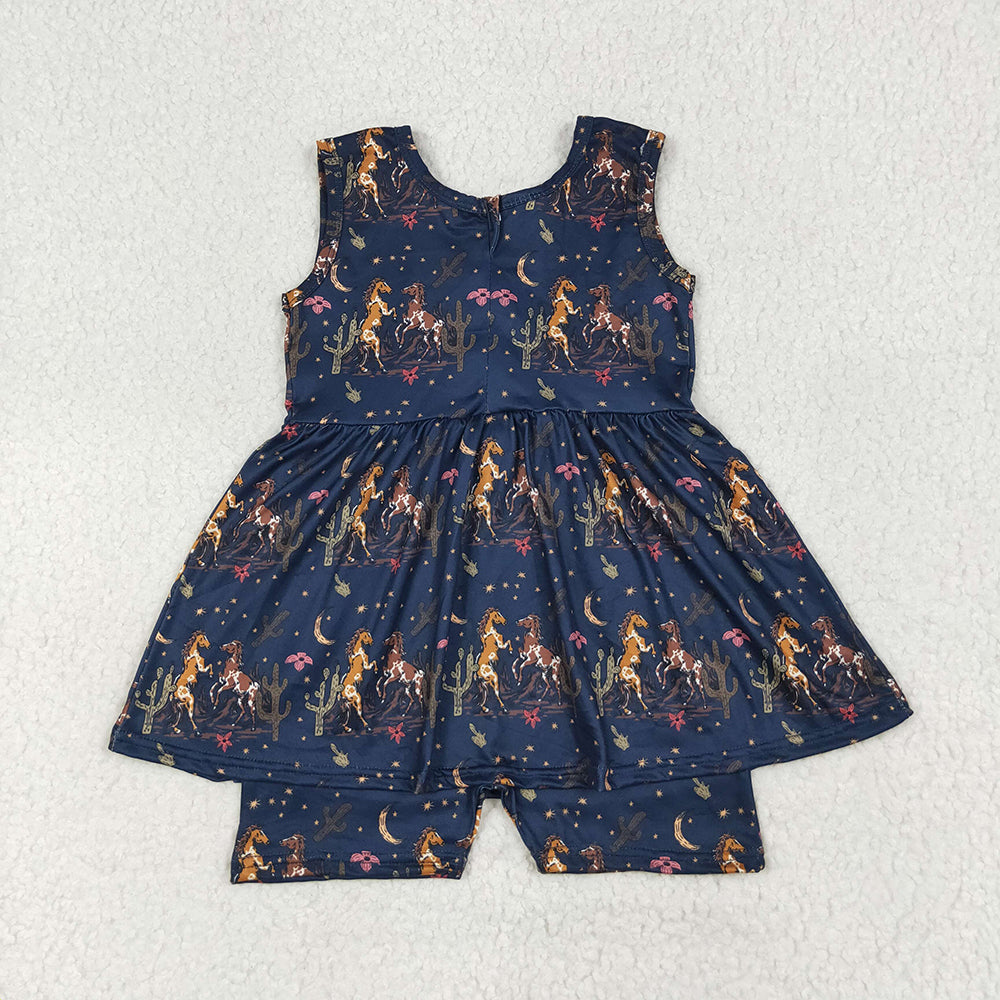 RTS NO MOQ (In stock)SR3071 Baby Girls Summer Jumpsuits Baby Girls Navy Sleeveless Horses Cactus Skort Jumpsuits
