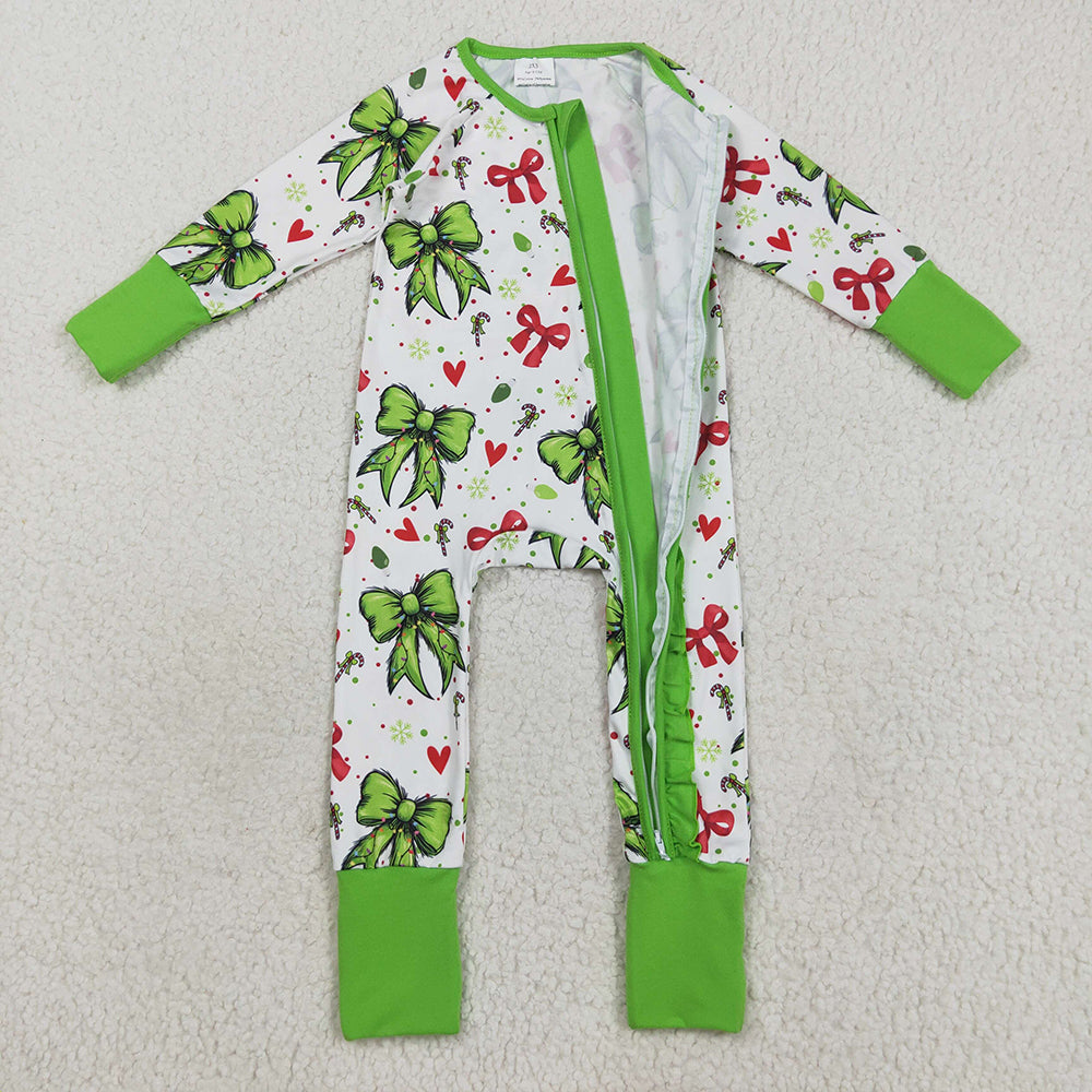 8.21 RTS NO MOQ (In stock)LR2482 Baby Girls Winter Rompers Baby Girls Green Red Bows Hearts Christmas Ruffle Zipper Footie Rompers