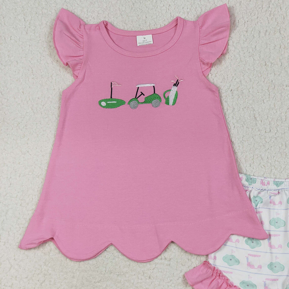 RTS NO MOQ (In stock)GSSO2660 Baby Girls Summer Outfits Embroidery Baby Girls Pink Flutter Sleeves Golf Truck Tunic Ruffle Shorts Set