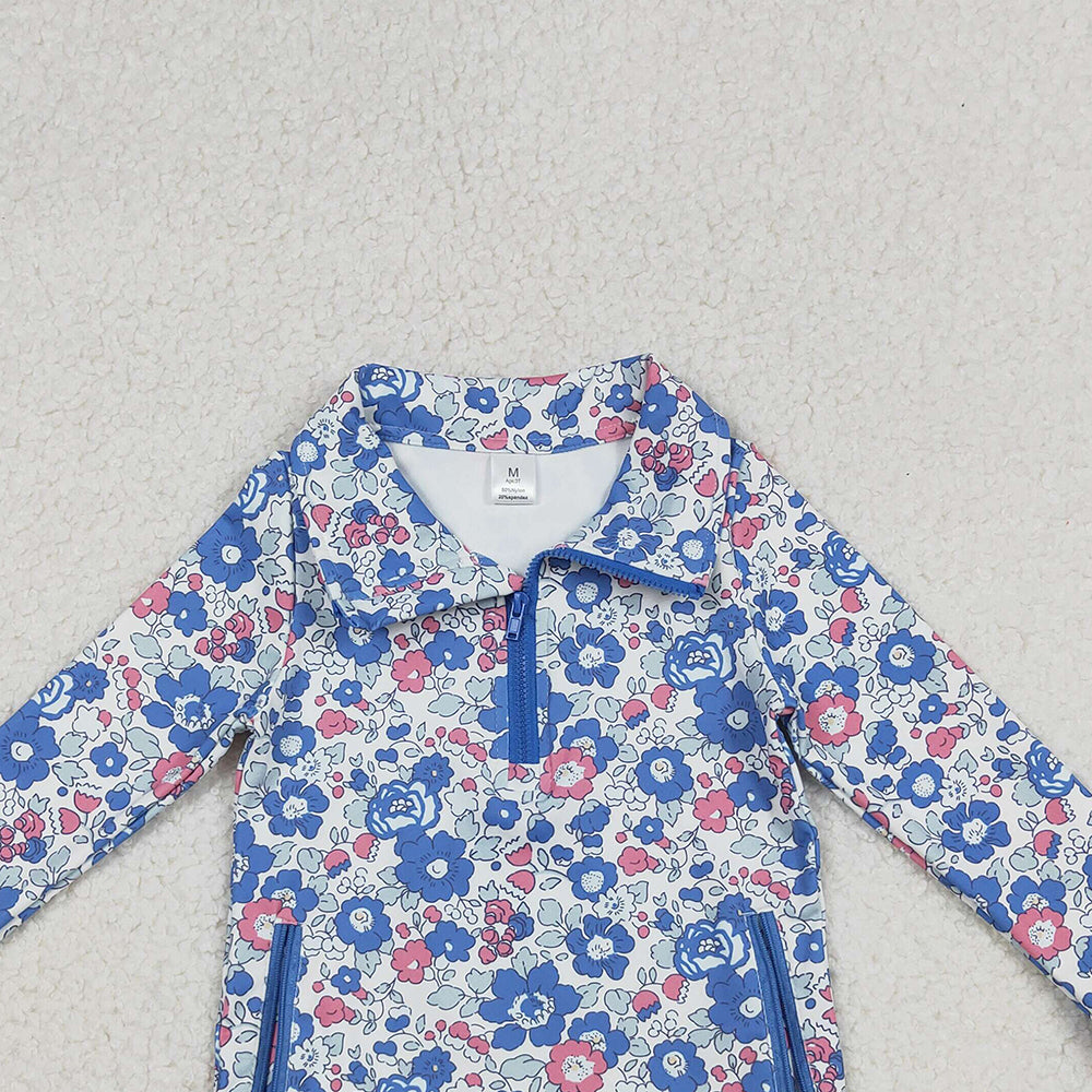 10.11 RTS NO MOQ (In stock)GT1192 Baby Girls Long Sleeve Tops Baby Girls Blue Pink Floral Zipper Pockets Yoga Active Pullovers Top
