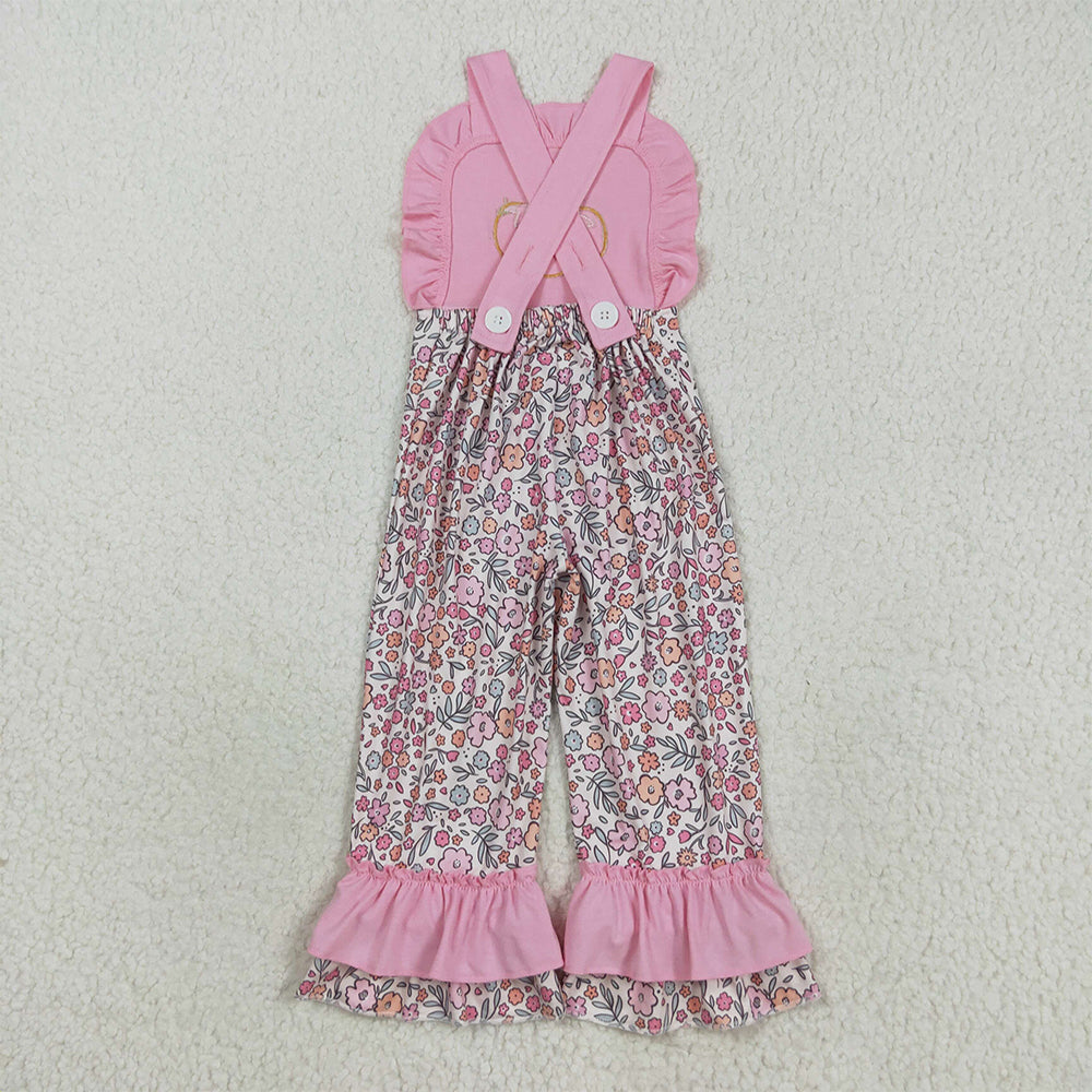RTS NO MOQ (In stock)SR3176 Baby Girls Summer Jumpsuits Embroidery Bow Pumpkins Baby Girls Pink Strap Floral Ruffle Pant Jumpsuits