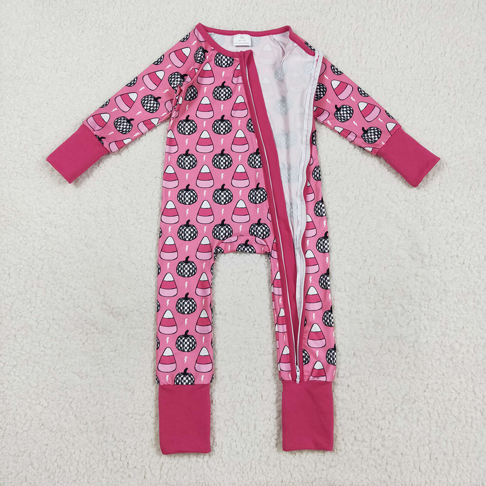 RTS NO MOQ (In stock)LR2467Baby Girls Winter Rompers Baby Girls Fall Pumpkins Candy Zipper Footie Rompers
