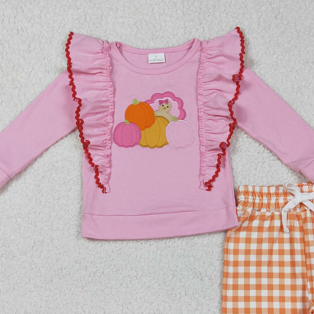 RTS NO MOQ (In stock)GLP2442 Baby Girls Winter Outfits Pink Long Sleeves Turkey Pumpkins Print Top with Orange Checkered Pants Outfit