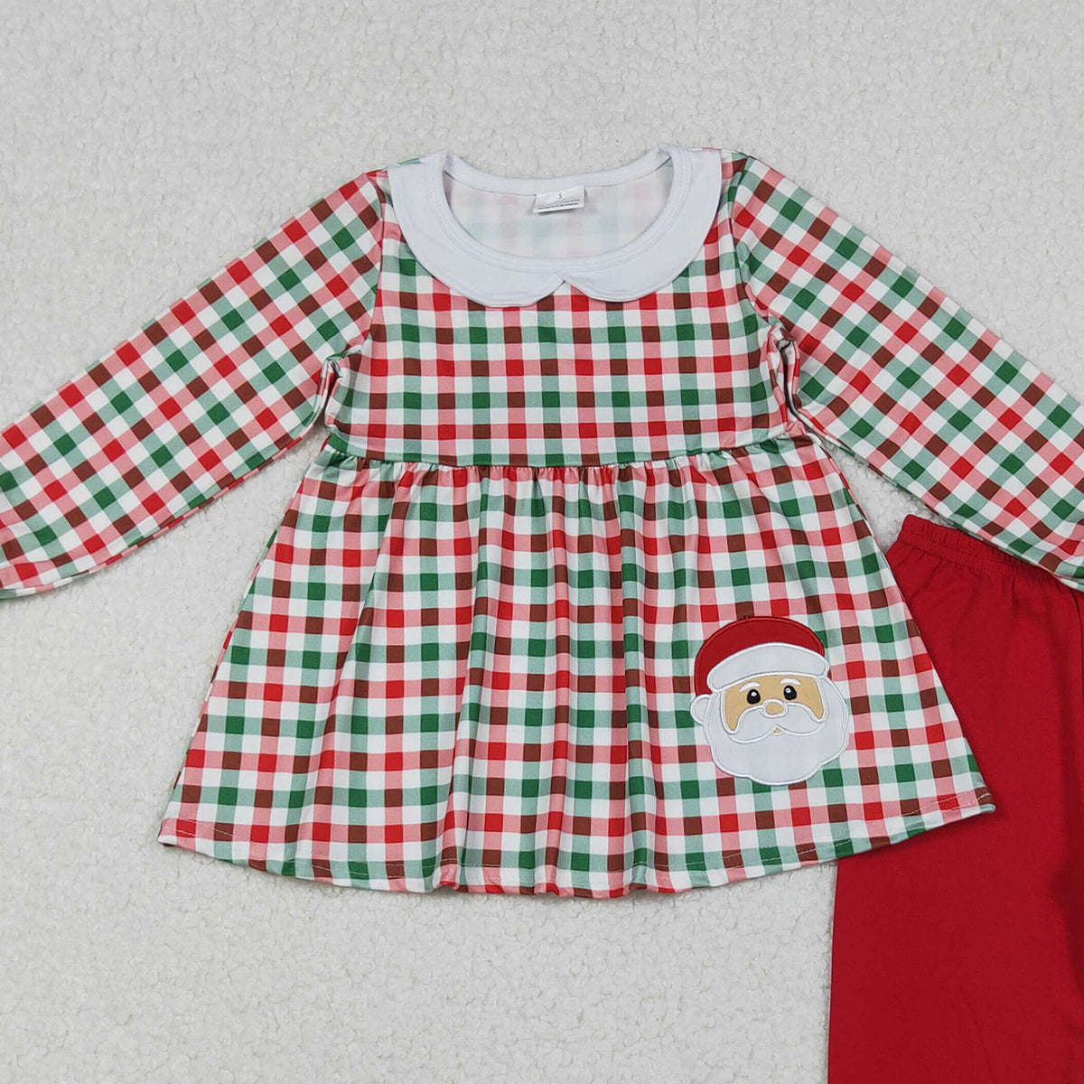 10.13 RTS NO MOQ (In stock)GLP2530 Embroidery Santa Baby Girls Green Red Checked Tunic Ruffle Pant Christmas Clothes Set