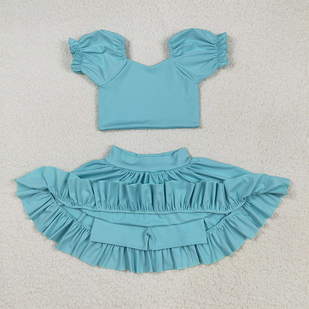 7.19 GSD2101 RTS NO MOQ Baby Girls Yoga Outfits Baby Girls Aqua Yoga Shirt Skirt Active Wear Clothes Sets