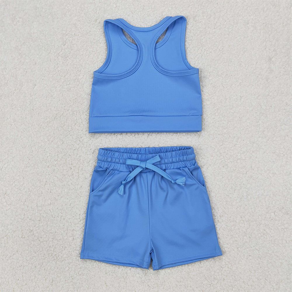 4.07 GSSO2132 RTS NO MOQ Baby Girls Summer Outfits Sleeveless light blue top pockets shorts girls active wear clothes