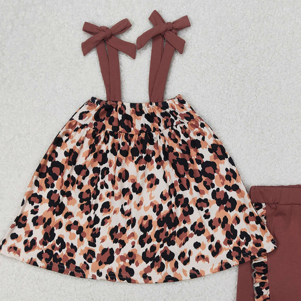 4.10 GSSO2352 RTS NO MOQ Baby Girls Summer Outfits Brown straps leopard tunic ruffle shorts girls clothes