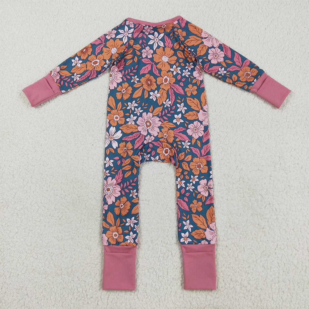 8.25 RTS NO MOQ (In stock)LR2244 Baby Girls Winter Rompers Baby Girls Lavender Long Sleeves Floral Zipper Rompers