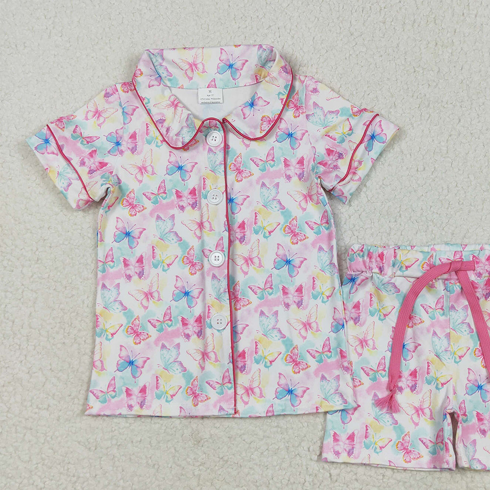 GSSO2601 RTS NO MOQ Baby Girls Summer Outfits Baby Girls Short Sleeves Colorful Butterfly Butter Top Short Pajamas Set