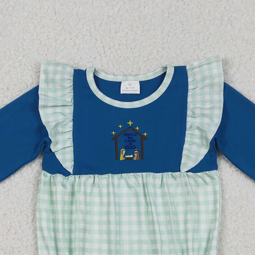 RTS NO MOQ (In stock) LR2477 Baby Girls Winter Rompers Long Ruffle Sleeves Nativity Christmas