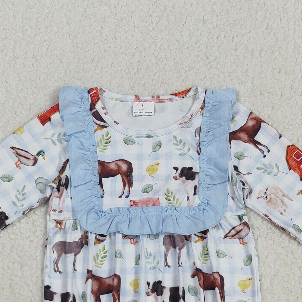 RTS NO MOQ (In stock)LR2362 Baby Girls Winter Rompers Baby Girls Long Ruffle Sleeves Farm Houses Chicks Rompers