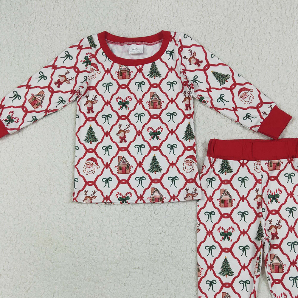 8.18 GLP2391 RTS NO MOQ Baby Girls Winter Outfits Baby Girls Long Sleeves Bows Gingerbread Plaid Top Pant Pajamas Set