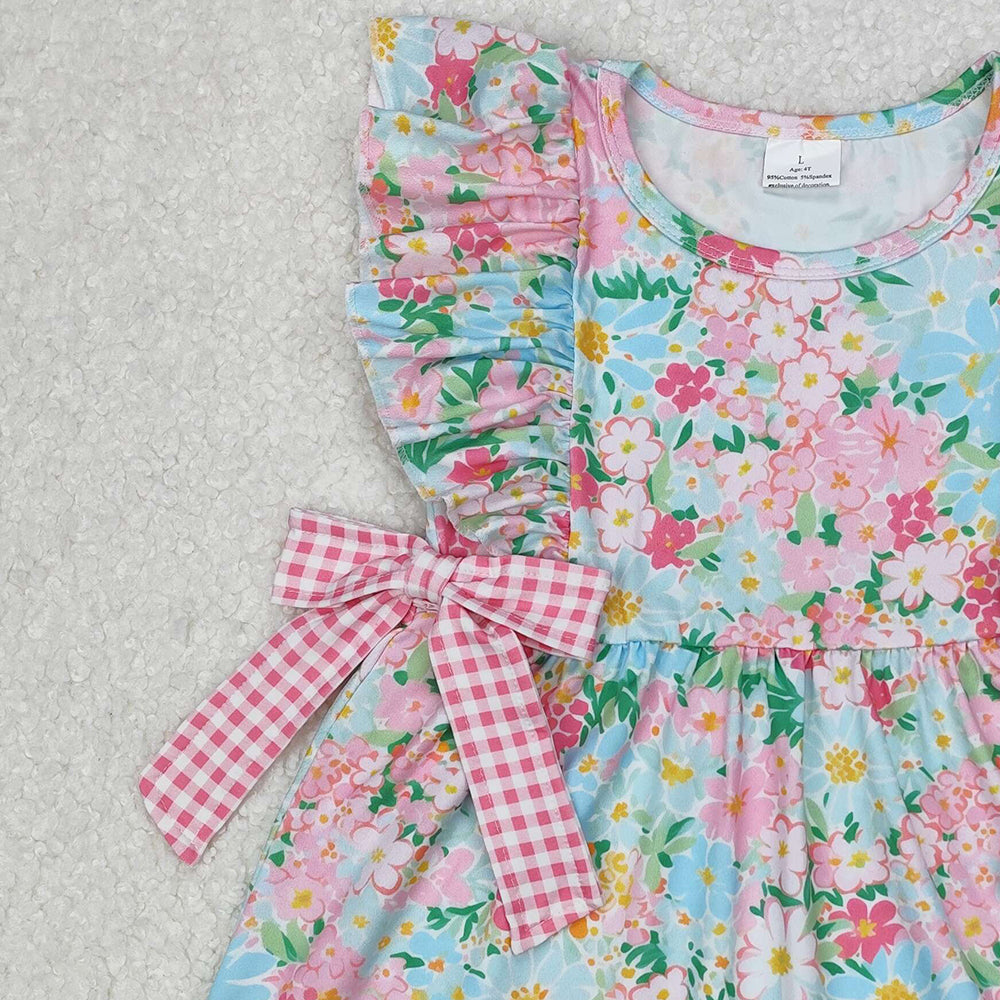 GSD1962Floral Pink Plaid Bow Baby Girls Sleeveless Summer Dress Cute Children's Clothing