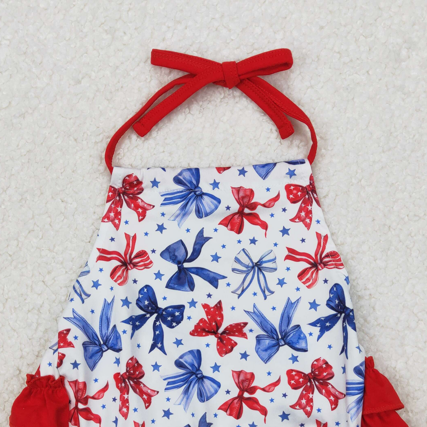 SR2591 New Rts No Moq 8-9 Days By Air Arrived it Red ruffle stars stripe bow halter baby 4th of july romper