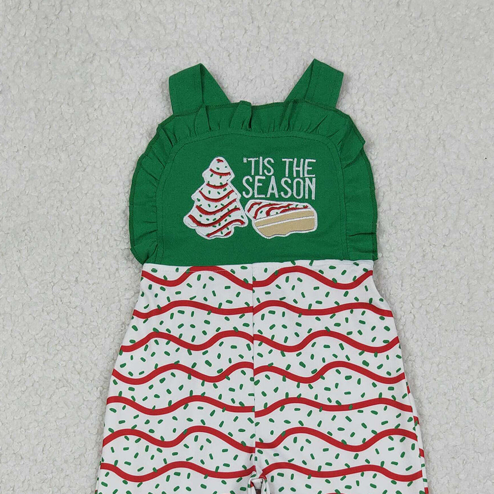 RTS NO MOQ (In stock)SR3178 Baby Girls Summer Jumpsuits Girls Green Ruffle Straps Christmas Tree Cake Jumpsuit
