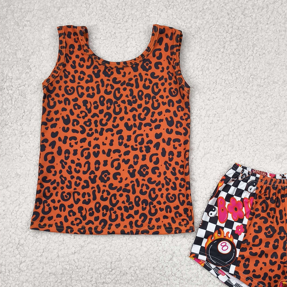 GSSO2391RTS NO MOQ Baby Girls Summer Outfits Girls Sleeveless Leopard Print Top with Plaid Patchwork Shorts Set Fashionable Animal Pattern Outfit for Kids