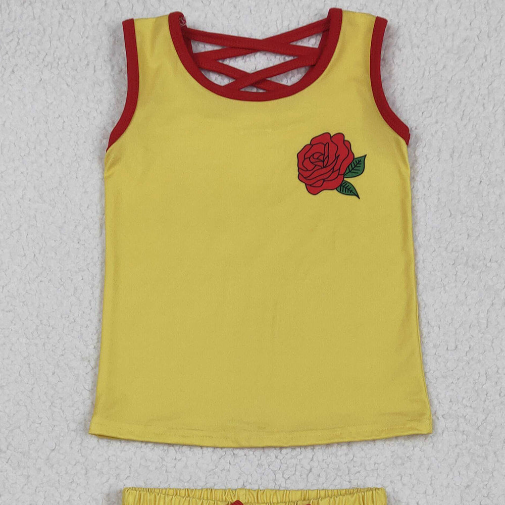 6.20 GSD2070RTS NO MOQ Baby Girls Skirt Sets Baby Girls Yellow Sleeveless Red Rose Top Tulle Skirt With Short Set