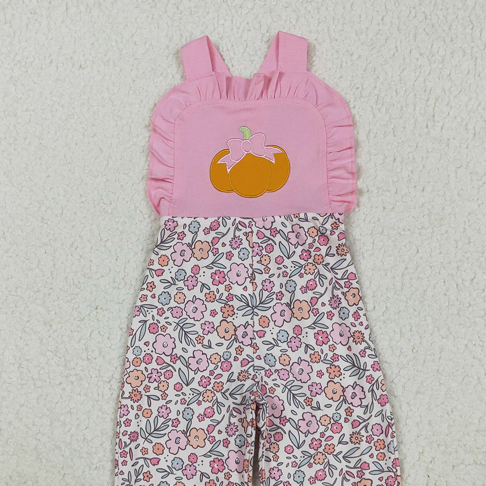 RTS NO MOQ (In stock)SR3176 Baby Girls Summer Jumpsuits Embroidery Bow Pumpkins Baby Girls Pink Strap Floral Ruffle Pant Jumpsuits