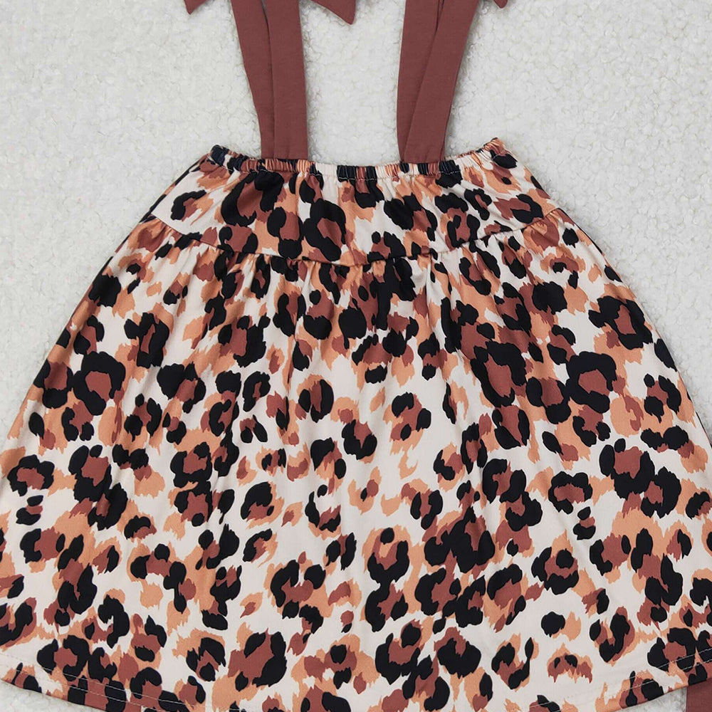 4.10 GSSO2352 RTS NO MOQ Baby Girls Summer Outfits Brown straps leopard tunic ruffle shorts girls clothes