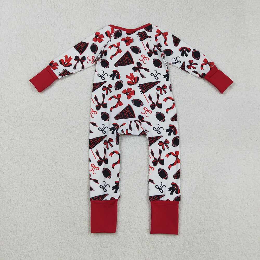 RTS NO MOQ (In stock)LR2512 Baby Girls Winter Rompers Red Bows and Footballs Rompers, Cheer Ruffle, Zipper Team Rompers