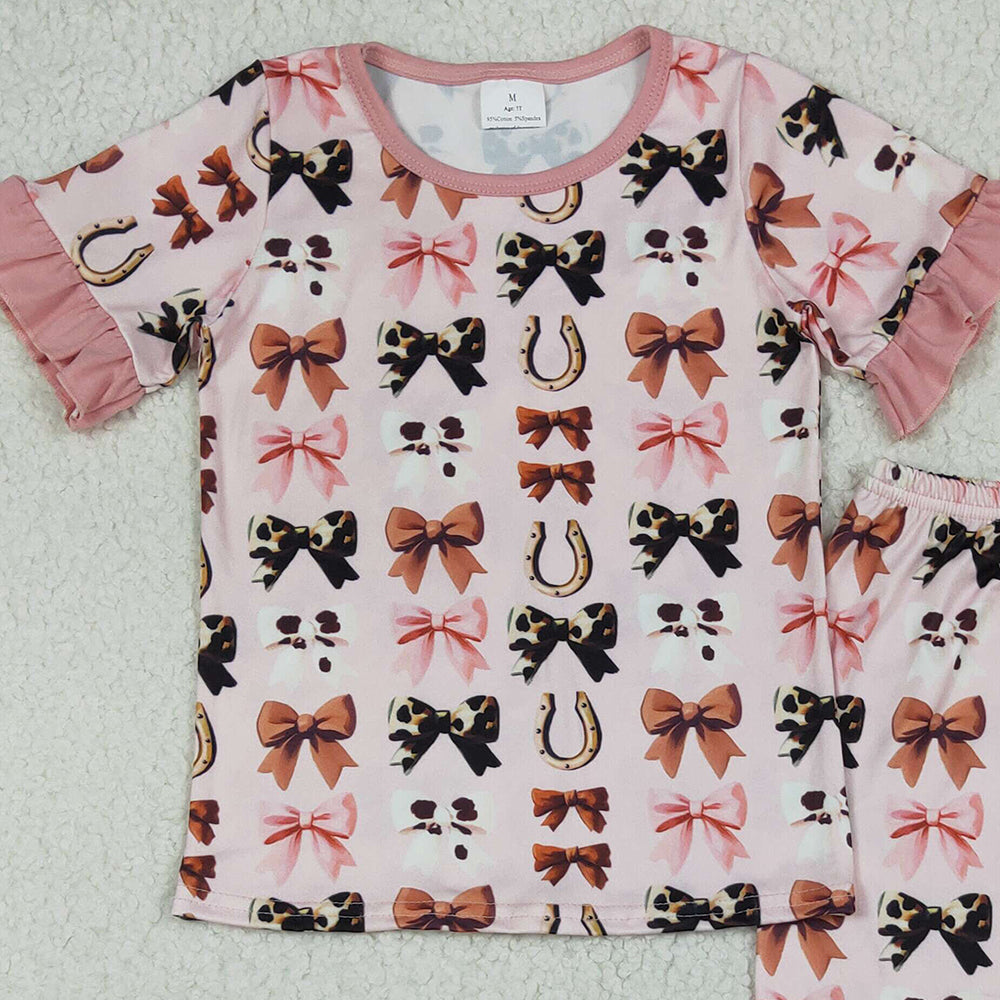GSPO2035RTS NO MOQ Baby Girls Spring Outfits Baby Girls Pink Short Ruffle Sleeves Bows Horse Shoes Top Pant Pajamas Set