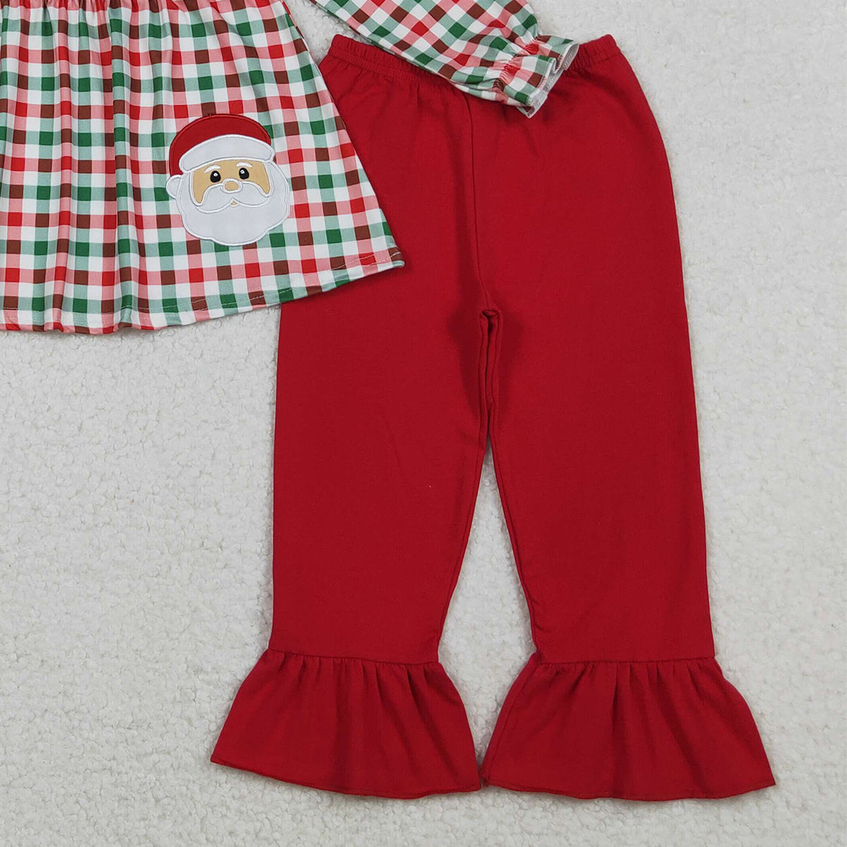 10.13 RTS NO MOQ (In stock)GLP2530 Embroidery Santa Baby Girls Green Red Checked Tunic Ruffle Pant Christmas Clothes Set