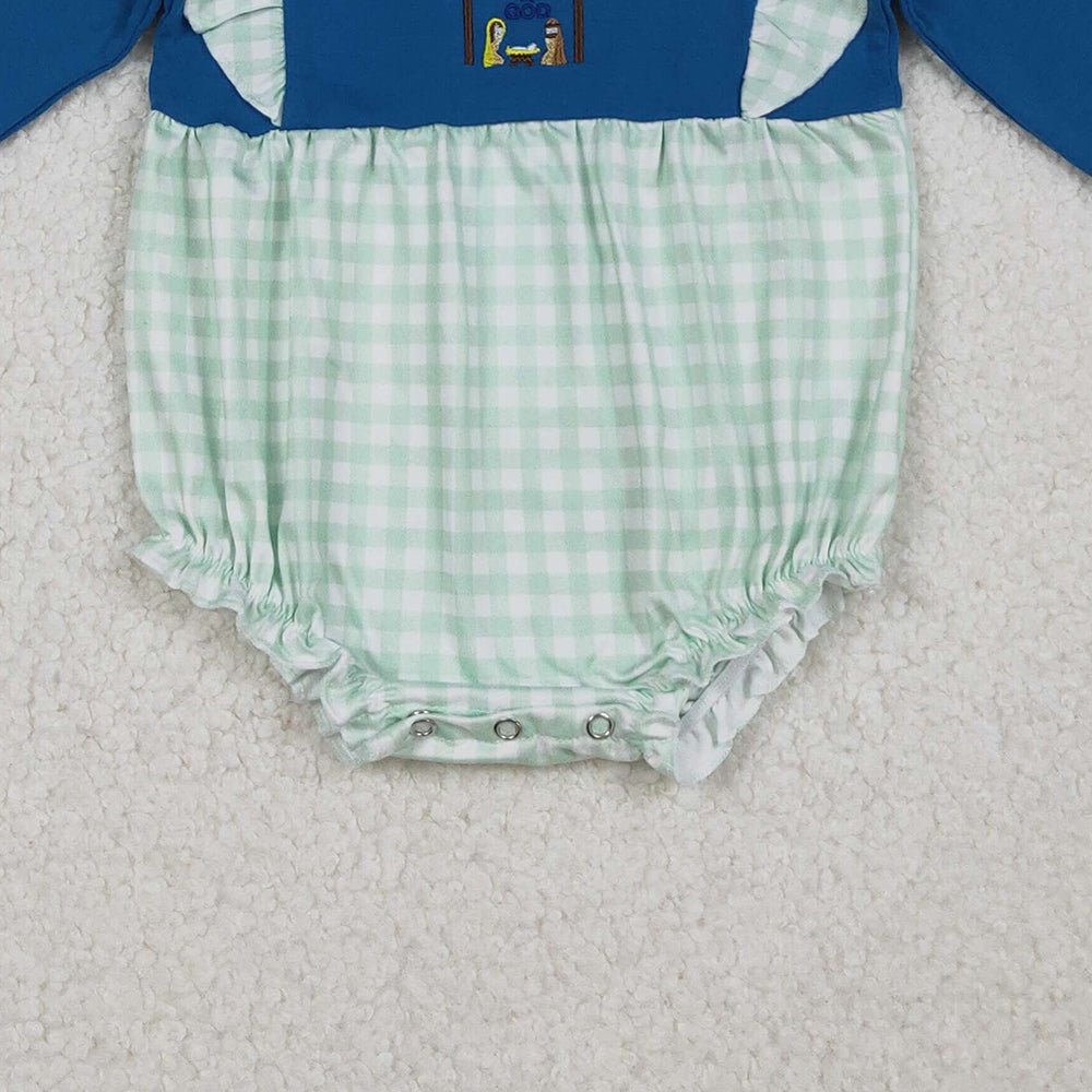 RTS NO MOQ (In stock) LR2477 Baby Girls Winter Rompers Long Ruffle Sleeves Nativity Christmas
