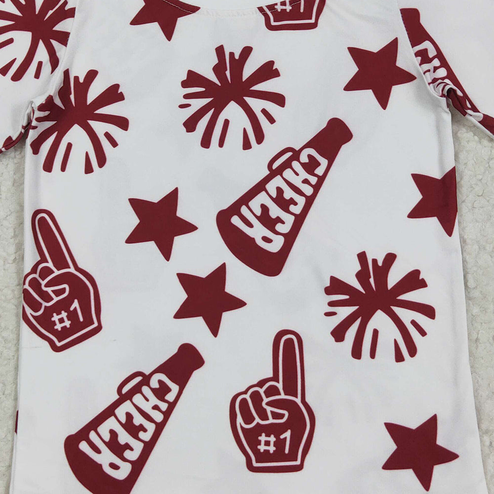 RTS NO MOQ (In stock)GT1093 Baby Girls Summer Tops Baby Girls Short Sleeves Dark Red Cheer Stars Team Tee Shirts Tops