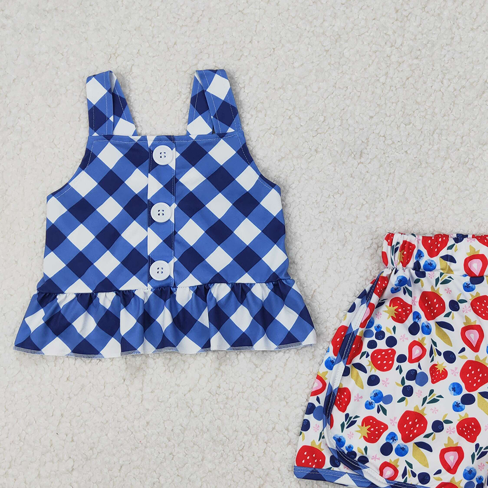 6.11 GSSO2025 RTS NO MOQ Baby Girls Summer Outfits Baby Girls Blue Plaid Sleeveless Button Down Tunic Strawberry Short Set