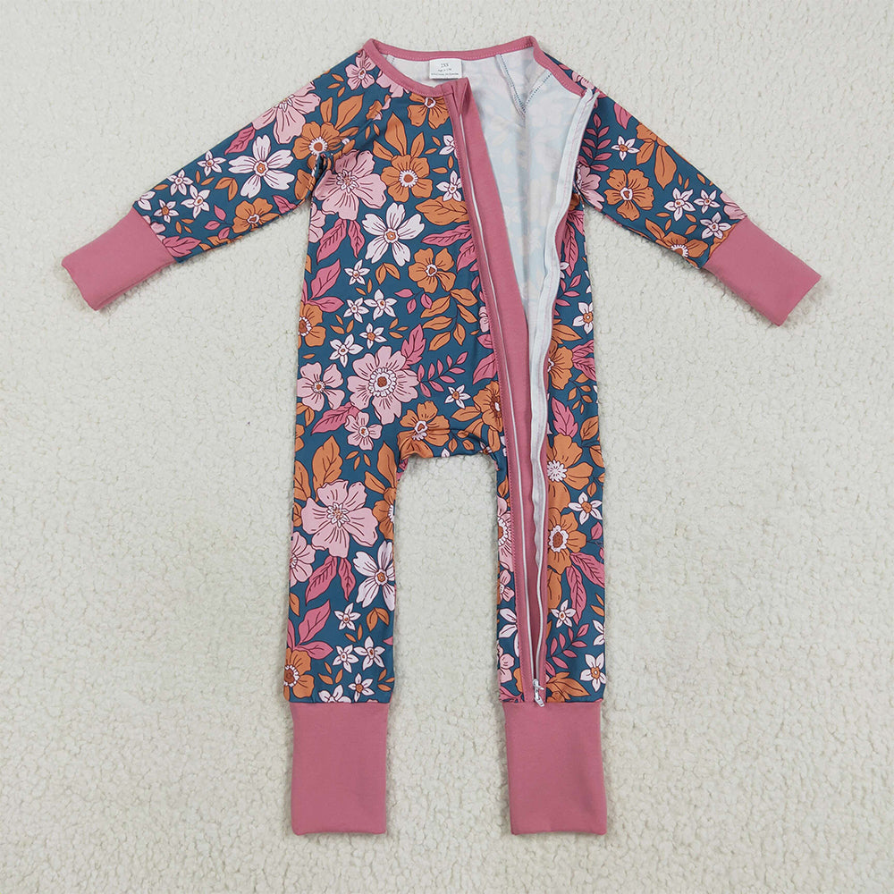 8.25 RTS NO MOQ (In stock)LR2244 Baby Girls Winter Rompers Baby Girls Lavender Long Sleeves Floral Zipper Rompers