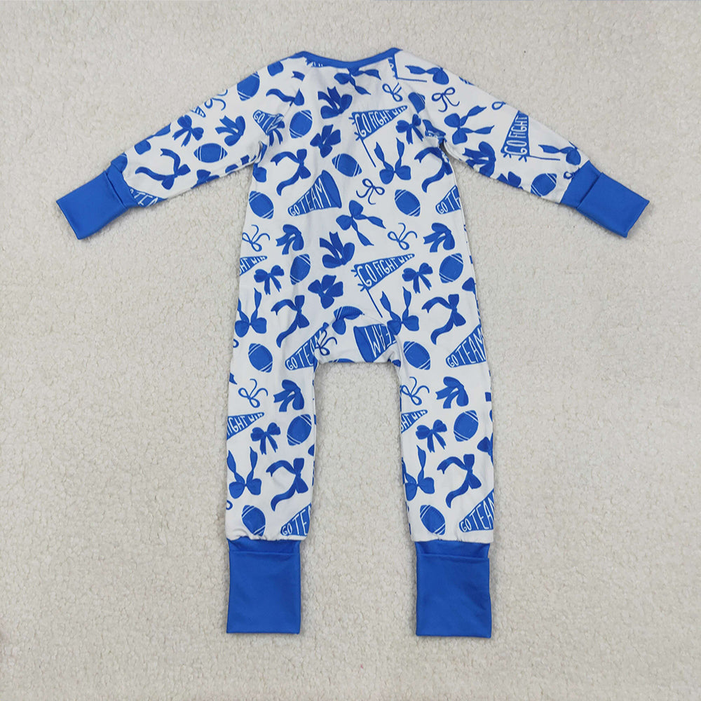 RTS NO MOQ (In stock)LR2511 Baby Girls Winter Rompers Blue Football Bow Ruffle Baby Girls Team Zipper Romper Infant Outfit