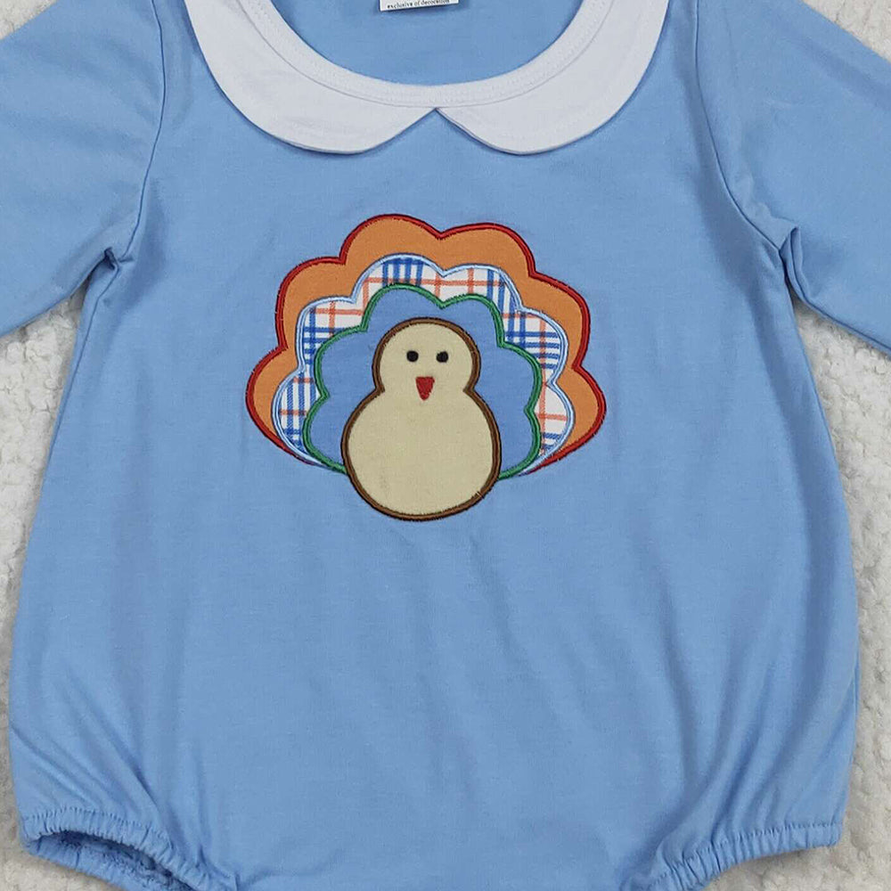RTS NO MOQ (In stock)LR2261 Baby Boys Winter Rompers Embroidery Baby Boys Blue Long Sleeves Turkey Bummies Rompers