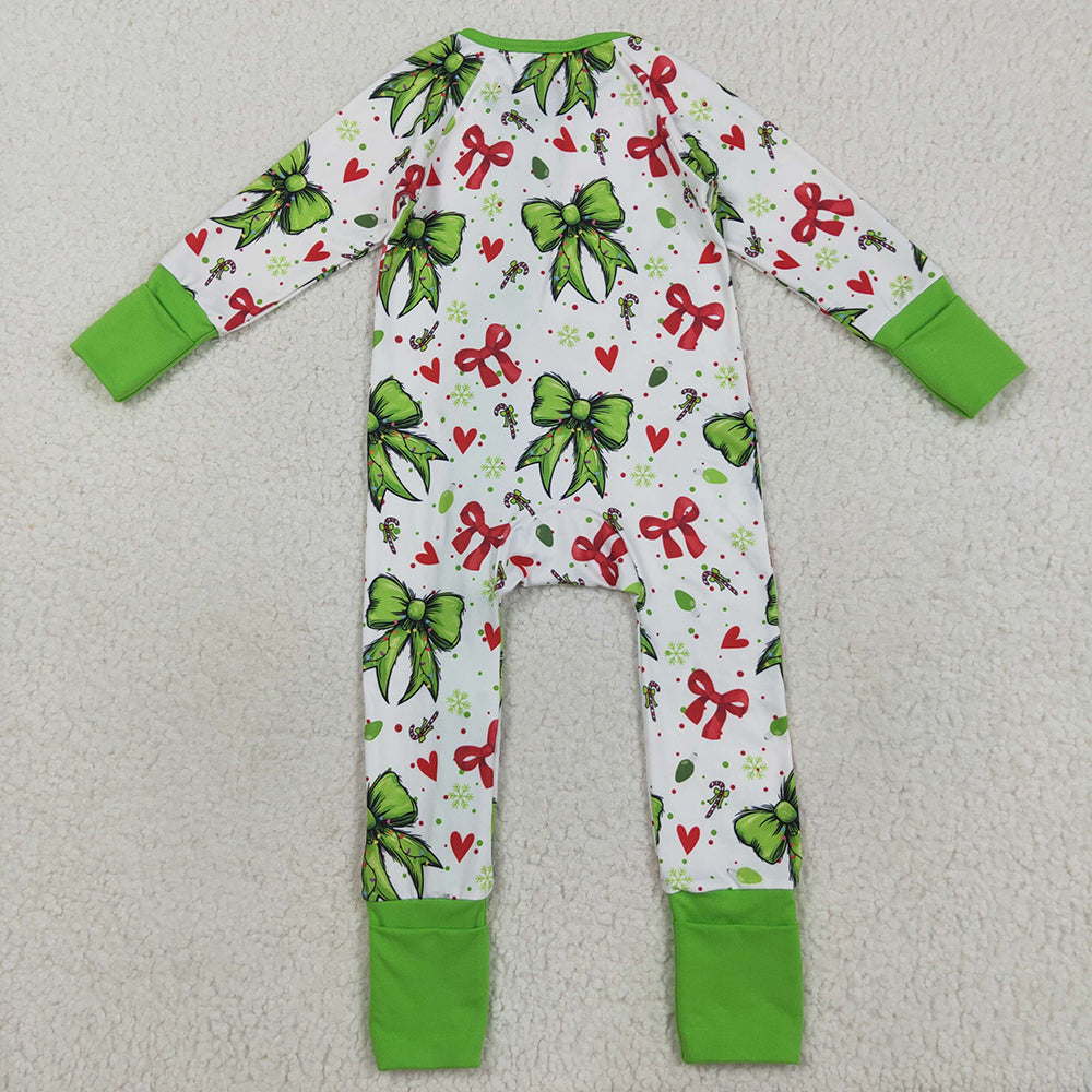 8.21 RTS NO MOQ (In stock)LR2482 Baby Girls Winter Rompers Baby Girls Green Red Bows Hearts Christmas Ruffle Zipper Footie Rompers