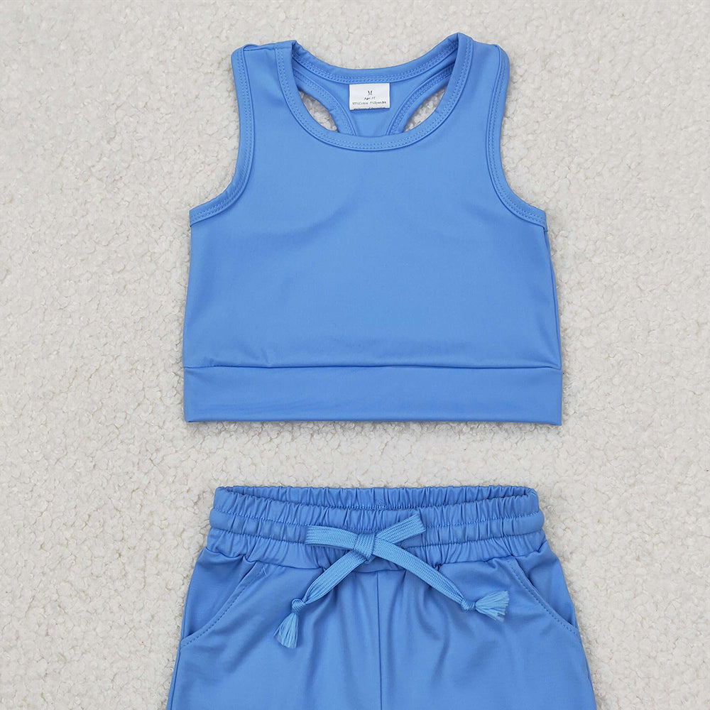 4.07 GSSO2132 RTS NO MOQ Baby Girls Summer Outfits Sleeveless light blue top pockets shorts girls active wear clothes