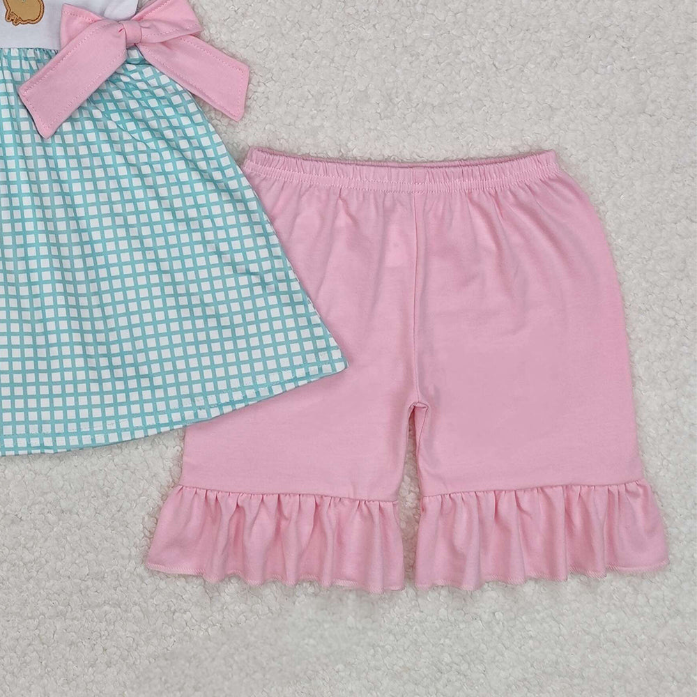 GSSO1882Girls Plaid Bunny Eggs Tunic Ruffle Shorts Outfit Easter Themed Clothing Set for Kids