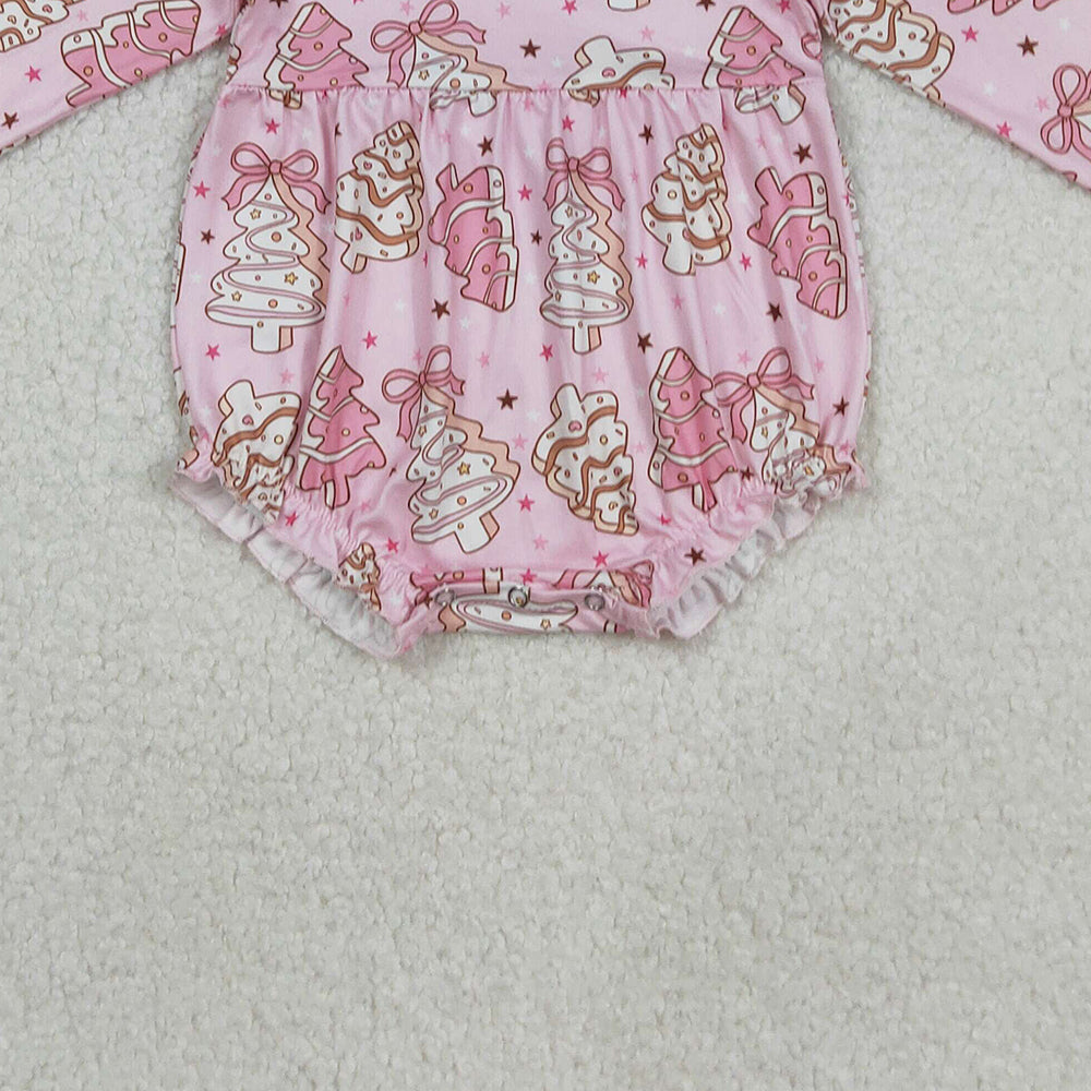 RTS NO MOQ (In stock)LR2301 Baby Girls Winter Rompers Long Sleeve Romper Pink Bow Christmas Tree Cake Design Cute Holiday Outfit for Little Ones