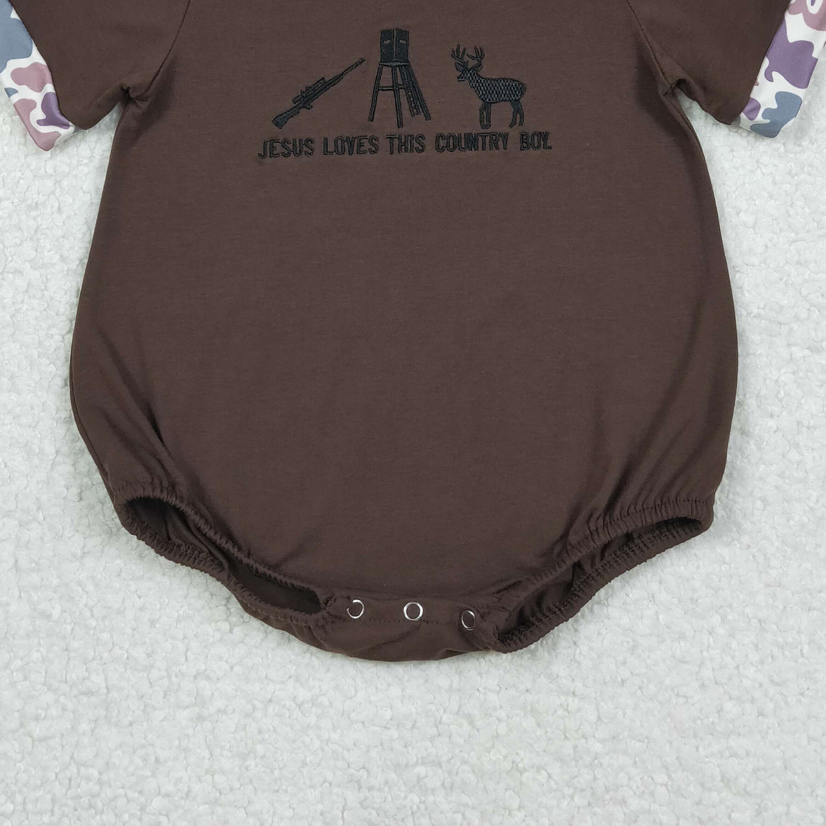 11.12 RTS NO MOQ (In stock)SR3280 Baby Boys Summer Rompers Embroidery Jesus Love Me Deer Baby Boys Hunting Rompers