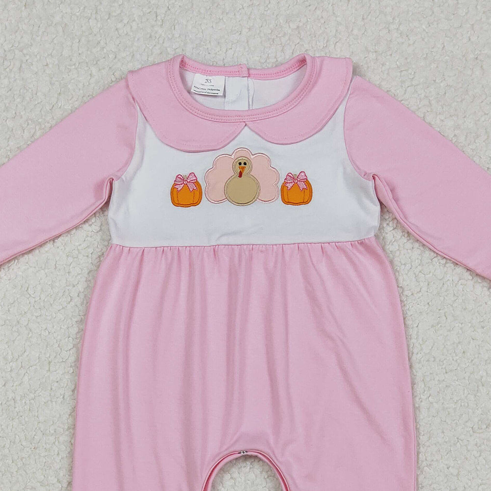 RTS NO MOQ (In stock)LR2563 Baby Girls Winter Rompers Embroidery Pumpkins Turkey Baby Thanksgiving Pink Fall Footed Rompers