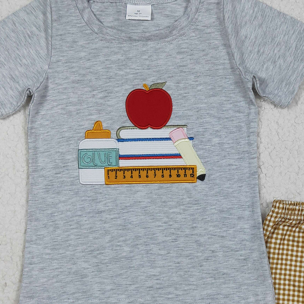 8.13 BSSO1281 RTS NO MOQ Baby Boys Summer Boys Outfits Embroidery Baby Boys Apple Back To School Books Shirt Shorts Sets