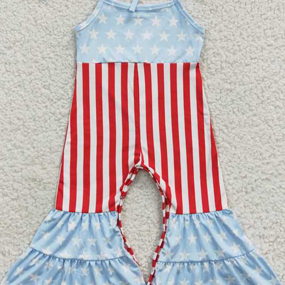 6.09 SR0385 RTS NO MOQ Baby Girls Summer Jumpsuits Sleeveless stripe bell bottom girls 4th of july jumpsuit