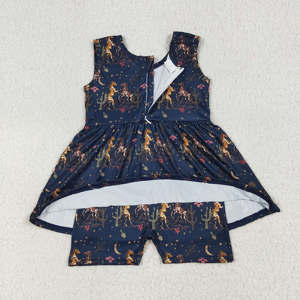 RTS NO MOQ (In stock)SR3071 Baby Girls Summer Jumpsuits Baby Girls Navy Sleeveless Horses Cactus Skort Jumpsuits
